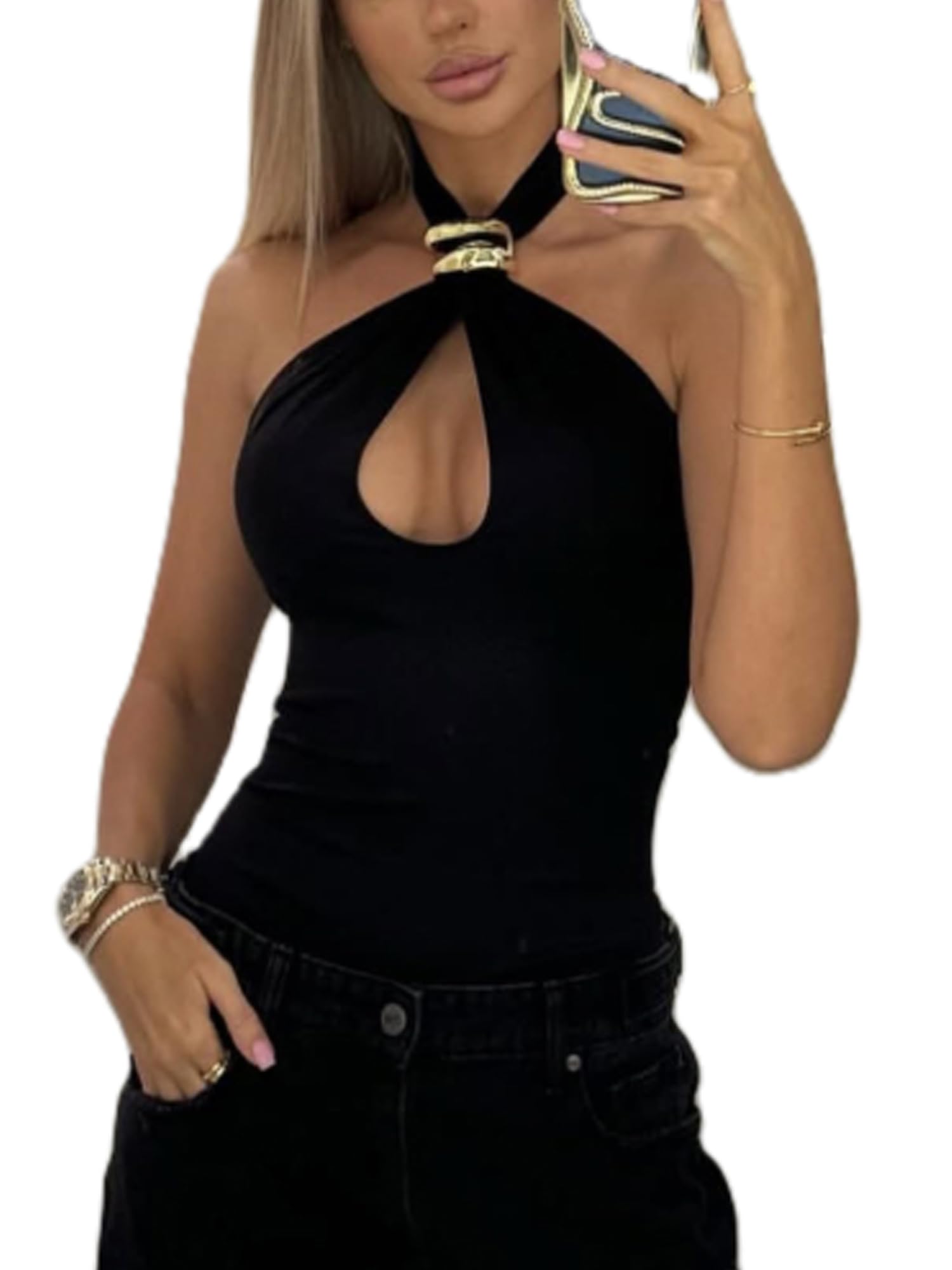 Women Y2k Sleeveless Halter Neck Camisole Tank Tops Sleeveless Strapless Stretch Gold Ring Vest for Club Party (B-Black, M)