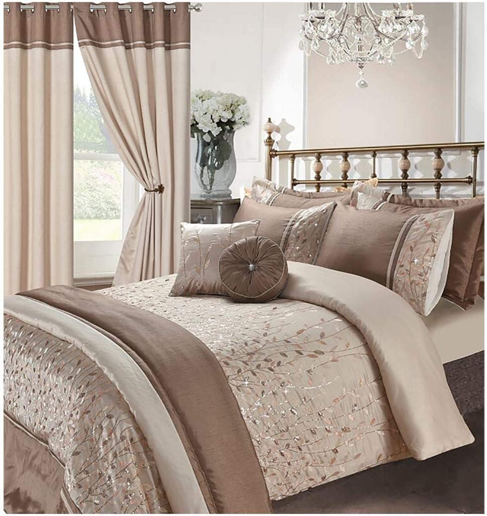 Axcent Comfort Marie Embroidered Duvet Cover - Soft Leaf Style Sequin Duvet Cover Set with Pillow Cases - Embroidery Designer Bedding Bedroom (Latte, Double Duvet Cover Set)