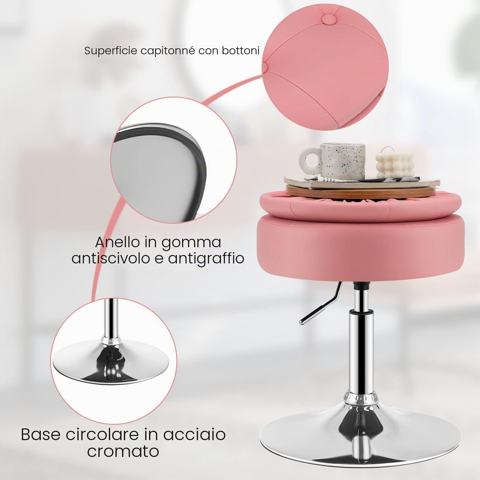 LIFEZEAL Sgabello da Bar, Sedia Rotonda Girevole, Sedile Rimovibile per Stoccaggio, Contenitore, Sedile Imbottito, Altezza Regolabile 51-66cm, Soggiorno, Ufficio, Max150 kg, Telaio in Metallo, Rosa