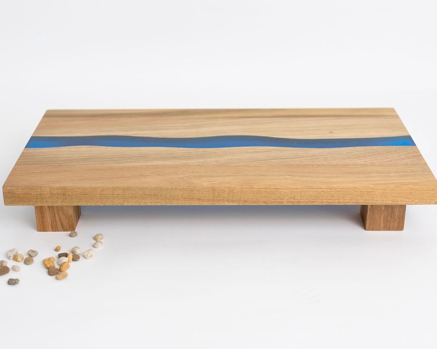 Wood pedestal stand | Large rectangle riser pedestal board 19.5" long x 9.8" wide | Footed raised acacia wood riser board for displaying home decor items | faux plant display stand