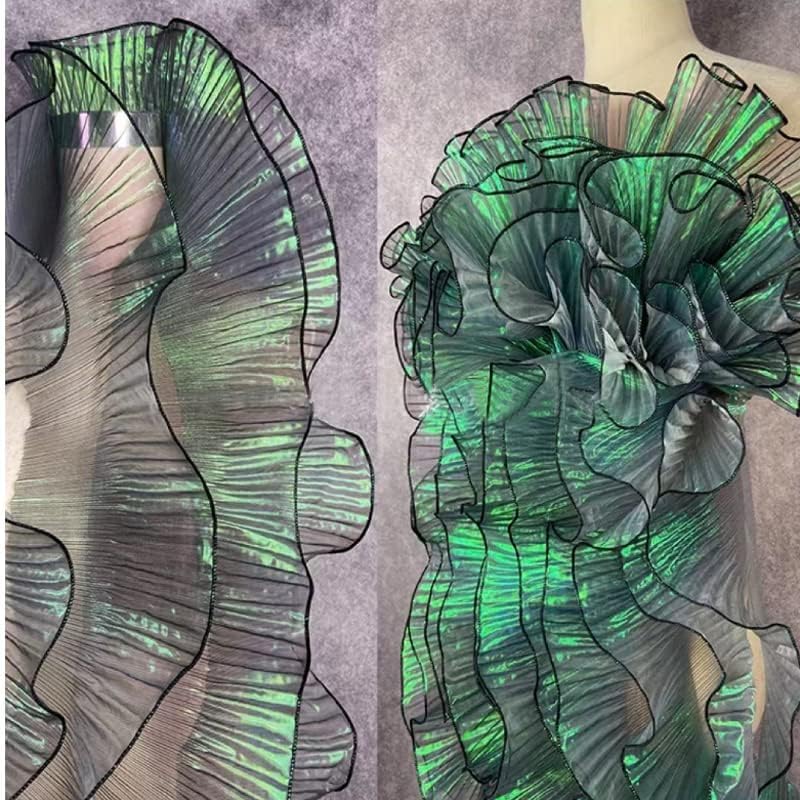 Miniatura 4 de Bolsa de vestir plisada con volantes retro de 5 yardas, decoración de tul de tela con apliques (degradado verde aurora)