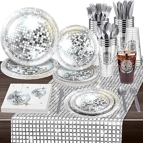 durony 169 Pieces 70s 80s Disco Party Supplies, Severs 24 Silver Disco Ball Dinnerware Include Plates Cups Disco Cocktail Napkins Plastic Cutlery Table Runner for Disco Bachelorette Birthday Party Cover