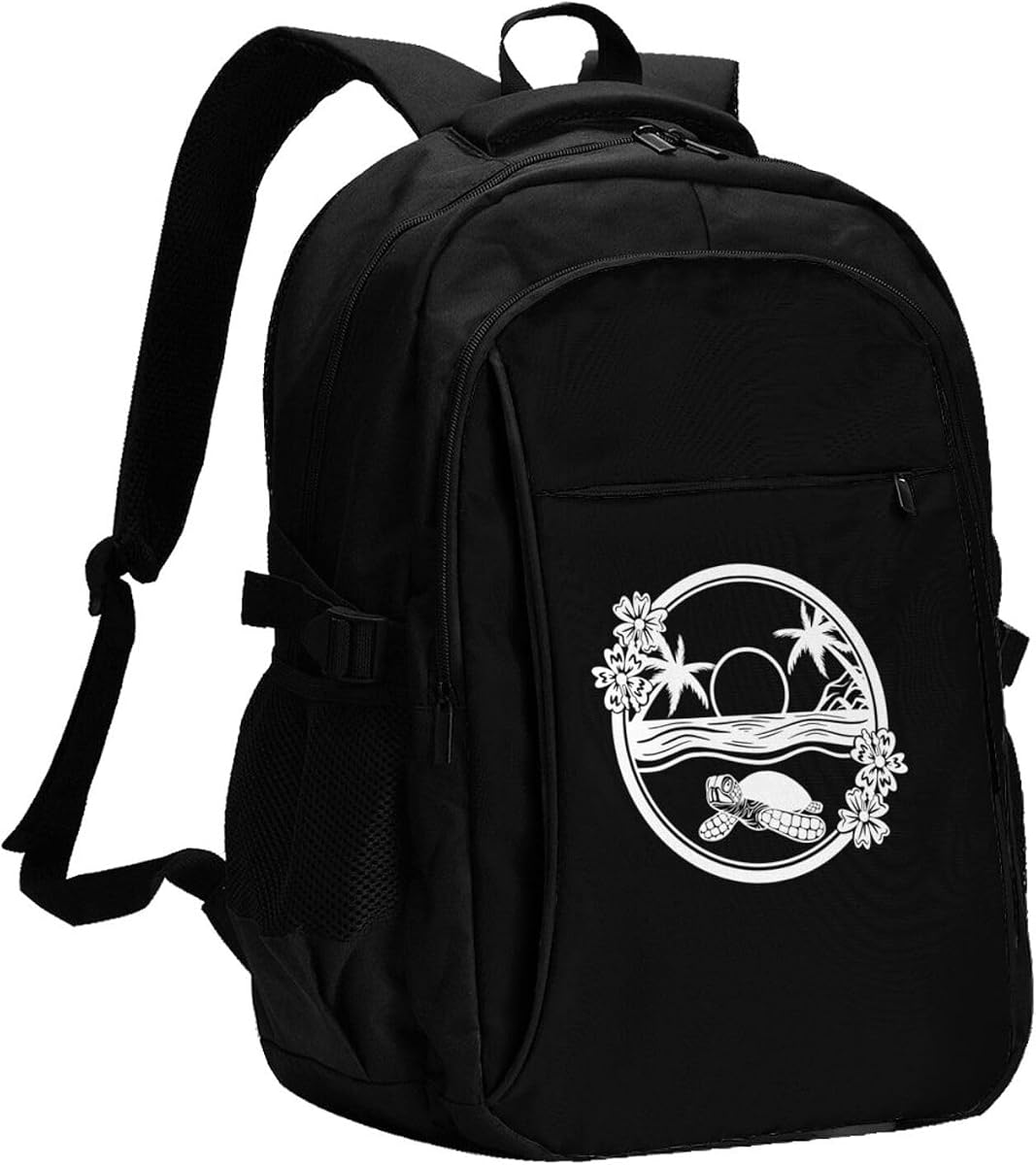 Mochila para ordenador portátil USB con diseño de tortuga marina y palmeras de 17 pulgadas, mochila de viaje para trabajo