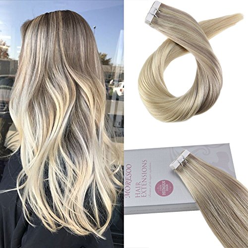Moresoo 18" Tape in Remy Hair Extensions Blonde Skin Weft Human Hair Color #18 Fading to #22 and #60 Blonde Seamless Skin Weft Hair Extensions 20PC/50G