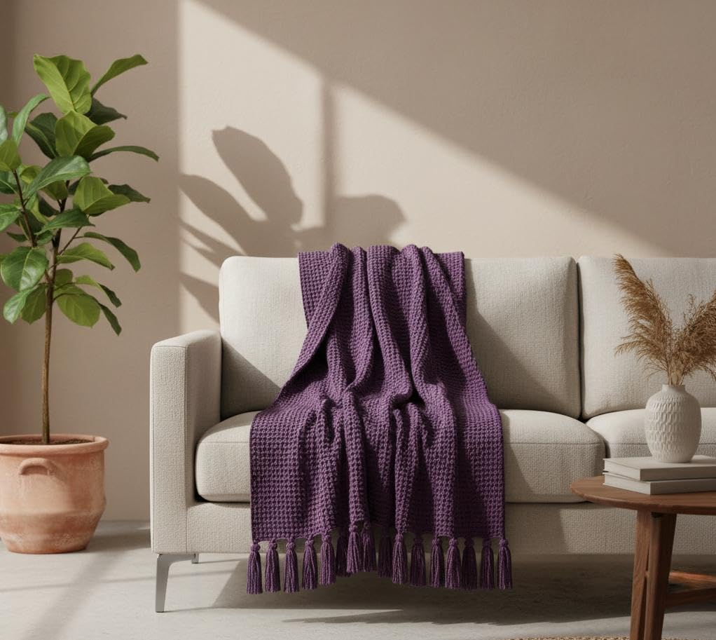Waffle Weave 100% Cotton Sofa Throw Blanket | 50x60 Inches | Soft, Breathable, Lightweight Couch Throw for Bed, Travel, Boho Home Decor 15+ Colors (Wine)-image-6