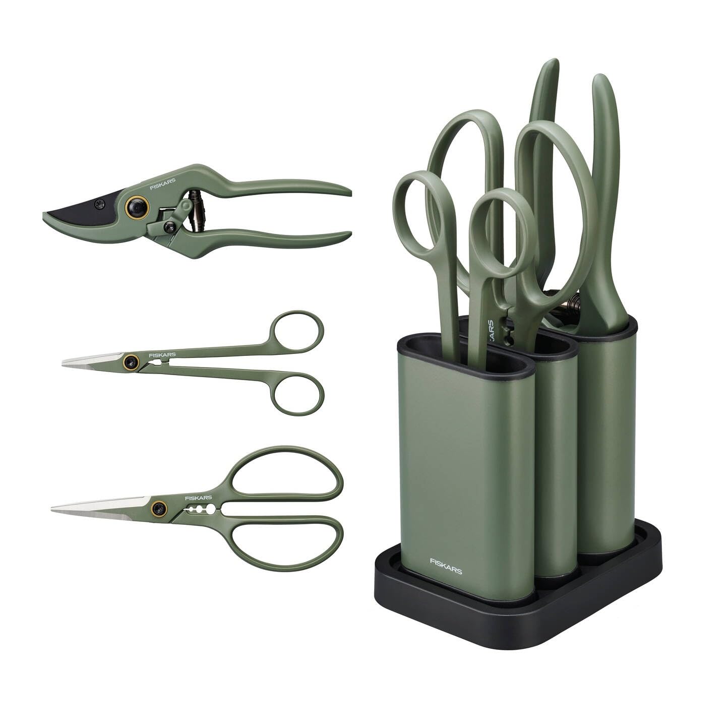 Fiskars Pflegeschnitt-Set, 3-teilig, Urban Plant Care, Pflanzen-/Blumenschere mit Halter, Kleine Pflanzenschere, Pflanzenschere, Edelstahl/Kunststoff, Dunkelgrün/Schwarz, 1075317