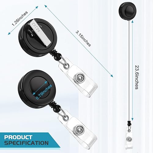 Miniatura 3 de Paquete de 2 carretes retráctiles con clip de cocodrilo giratorio, clips retráctiles para profesores, estudiantes, trabajadores de oficina (negro)
