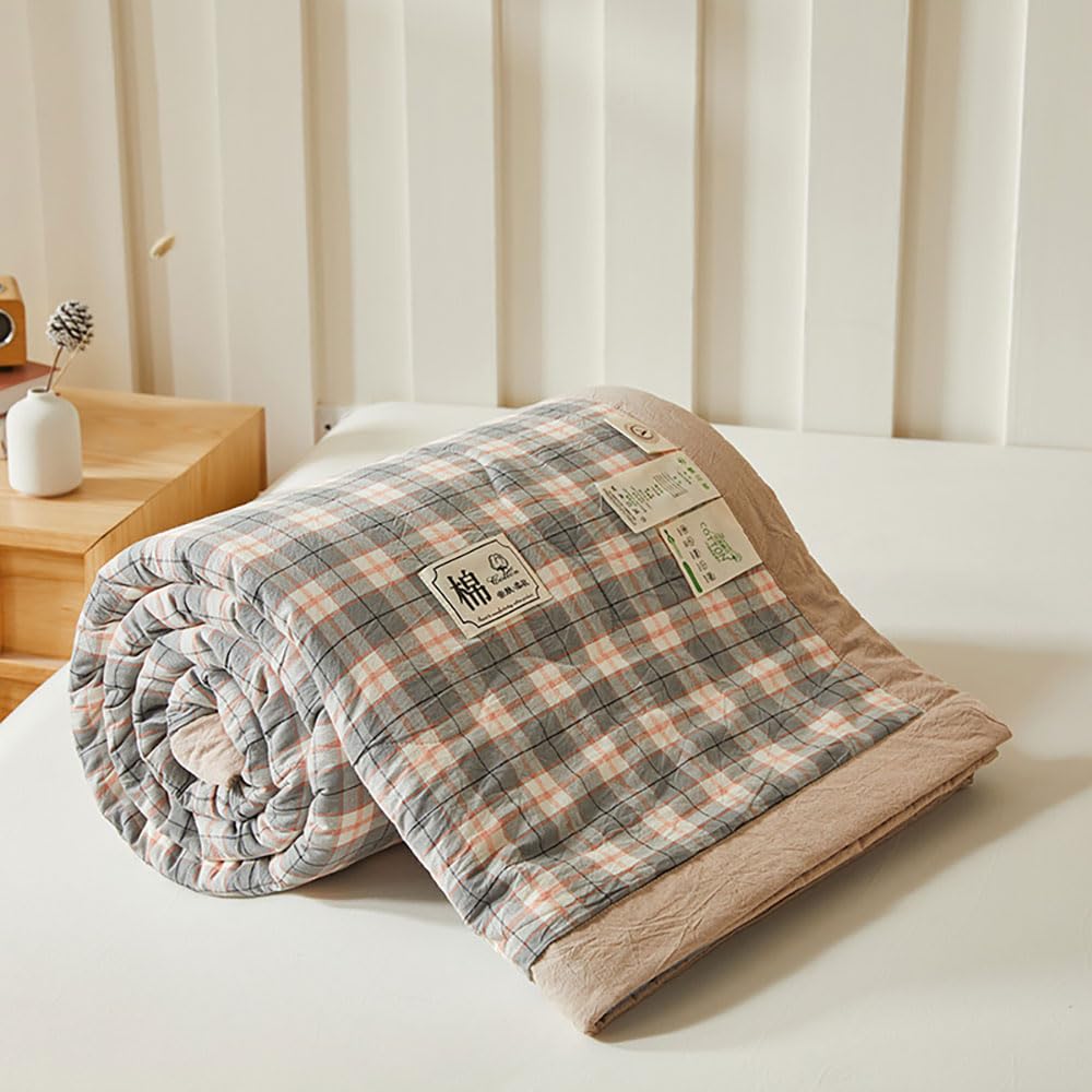 DOTBUY-SHOP Quilted Bedspreads, Check Quilt Bed Throws Cotton Filling Duvet Super King Single Double Size Children's Bed Quilted Throw for All Season (Pink-Gray,150x200cm)