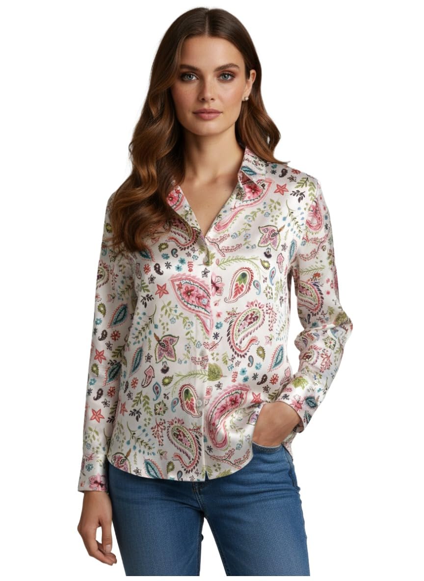 ANNI Designer Bedrucktes Damenhemd aus Baumwollmischgewebe, langärmelig, normale Passform, Kragen, legere Bürokleidung, elegante Western-Kleidung für den Alltag, Hochzeit, Party