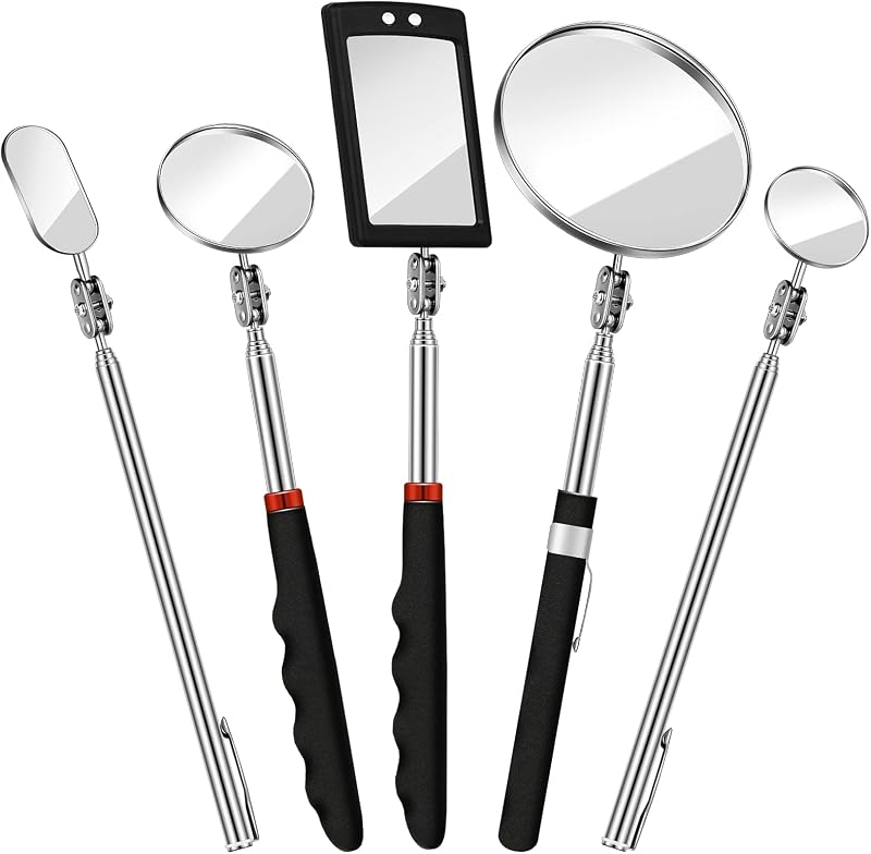 Juego de espejos de inspección telescópicos de 5 piezas Espejo redondo de acero inoxidable Herramienta de inspección ajustable de rotación 360 con mango largo para revisar el vehículo, observar las pestañas y la boca (estilo popular)