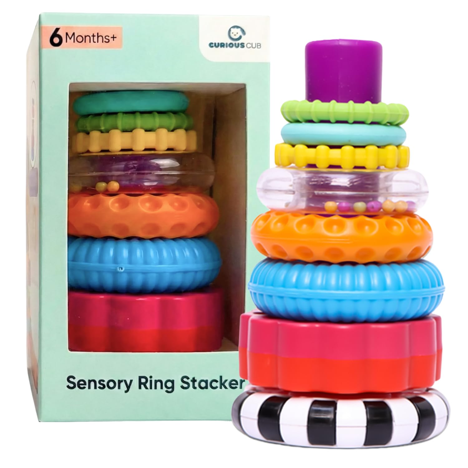 Curious Cub Ring Stacker Baby Toy for 6+ Month Old Baby with Different Sensory Rings & Rattle | Stacking Montessori Learning Toy for Early Brain Development for Kids & Infants