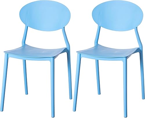 Fabulaxe Silla de comedor moderna de plástico para exteriores con diseño de respaldo ovalado abierto, color azul juego de 2