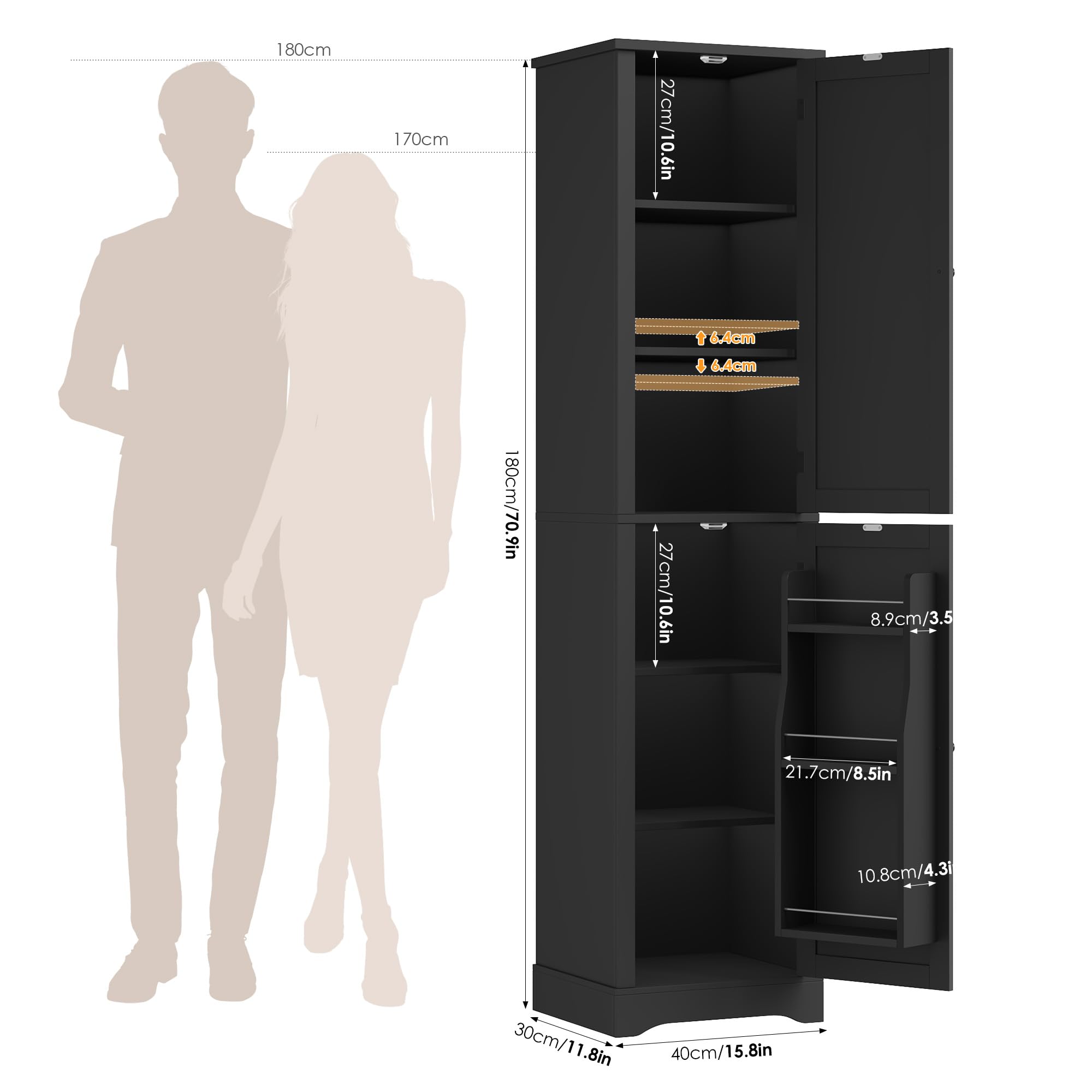 FOREHILL Meuble Colonne Salle de Bain Étroit avec 9 Étagères 40x30x180cm