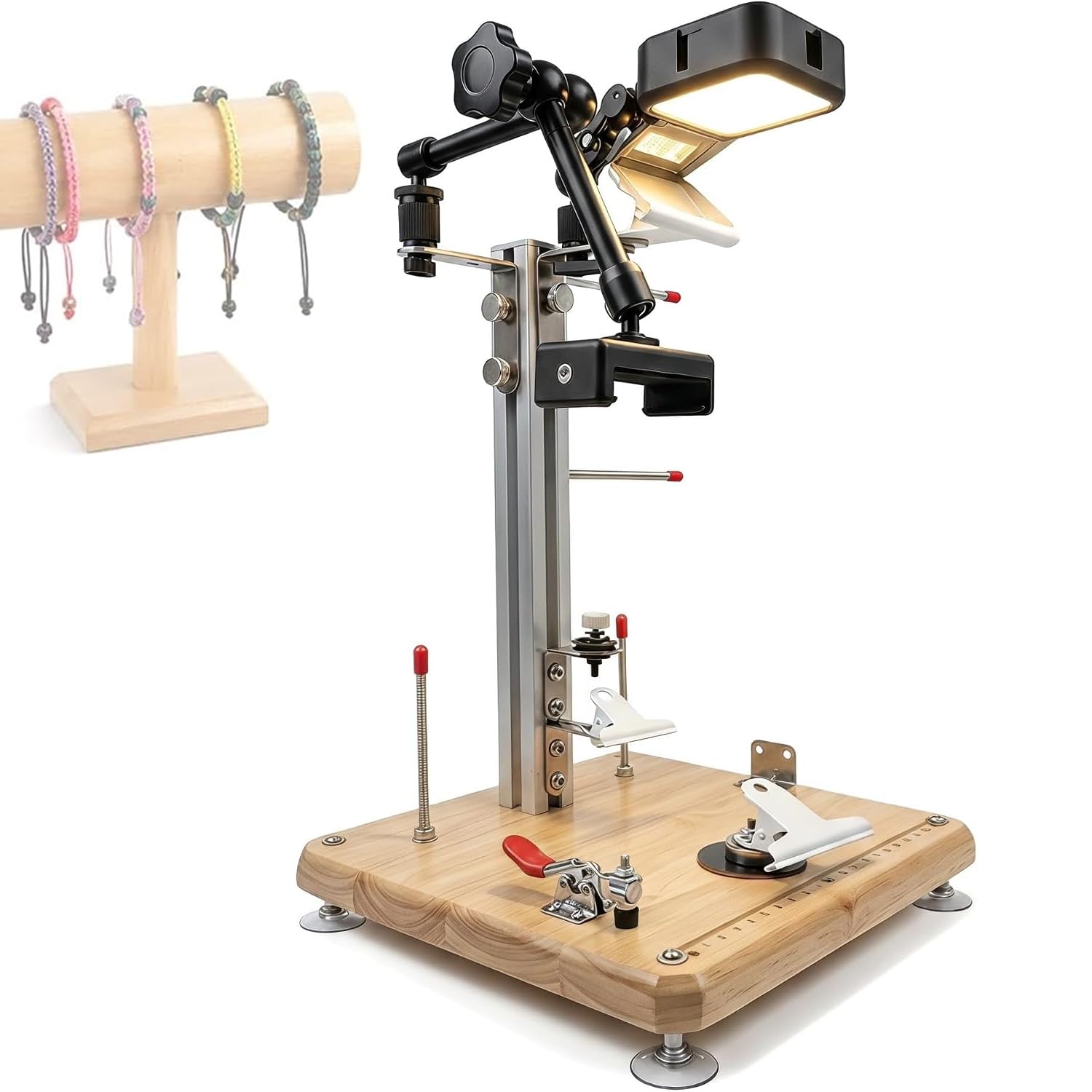Soporte De Escritorio para Nudos, Tablero De Madera para Tejer, Estación De Trabajo para Tejer, con Luz De Relleno Recargable USB-c, Soporte para Teléfono, Base Antideslizante con Ventosa