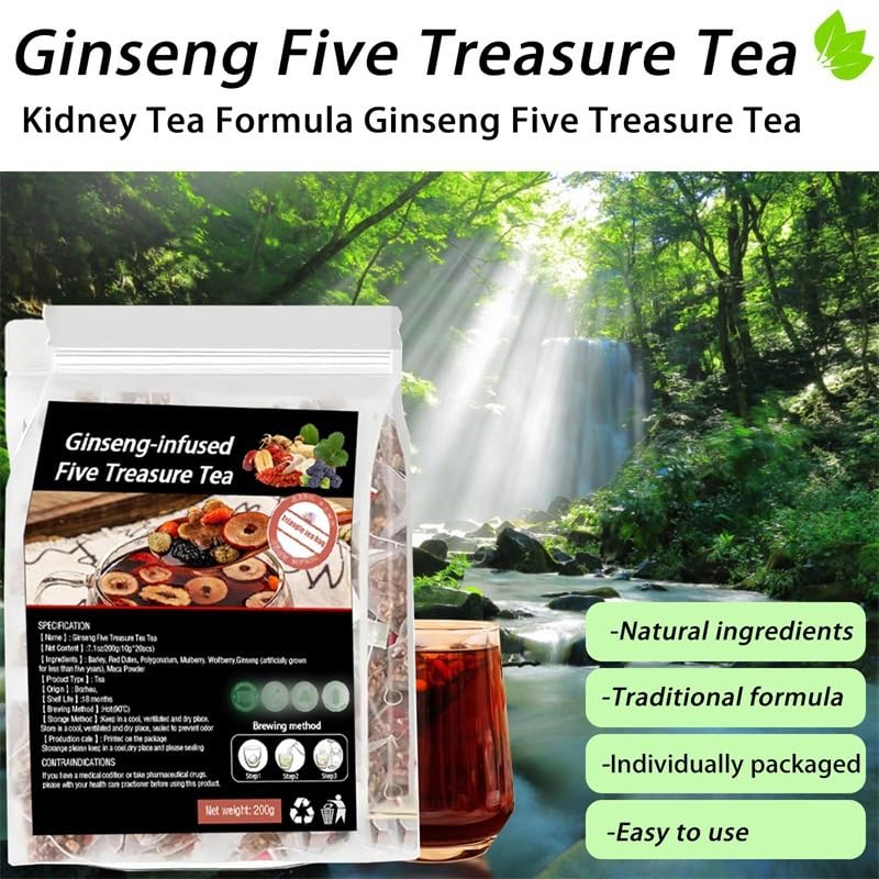 Ginseng Five Treasure Tea, Kidney Tea formula Ginseng Five Treasures, Red Date Wolfberry Mulberry Health, (2pcs)