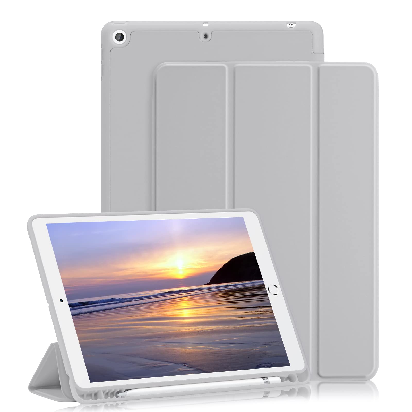 (Green) GHINL for iPad 9th/8th/7th Generation Case (2021/2020/2019) iPad 10.2-Inch Case with Pencil Holder [Sleep/Wake] Slim Soft TPU Back Smart Magnetic Stand Protective Cover Cases (Light Gray)