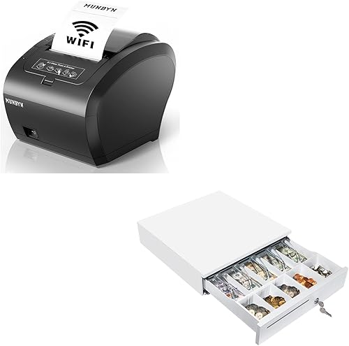 MUNBYN Impresora de recibos WiFi con puerto USB, impresora POS de 3.150 in y cajón de efectivo blanco, caja registradora resistente de 16 pulgadas