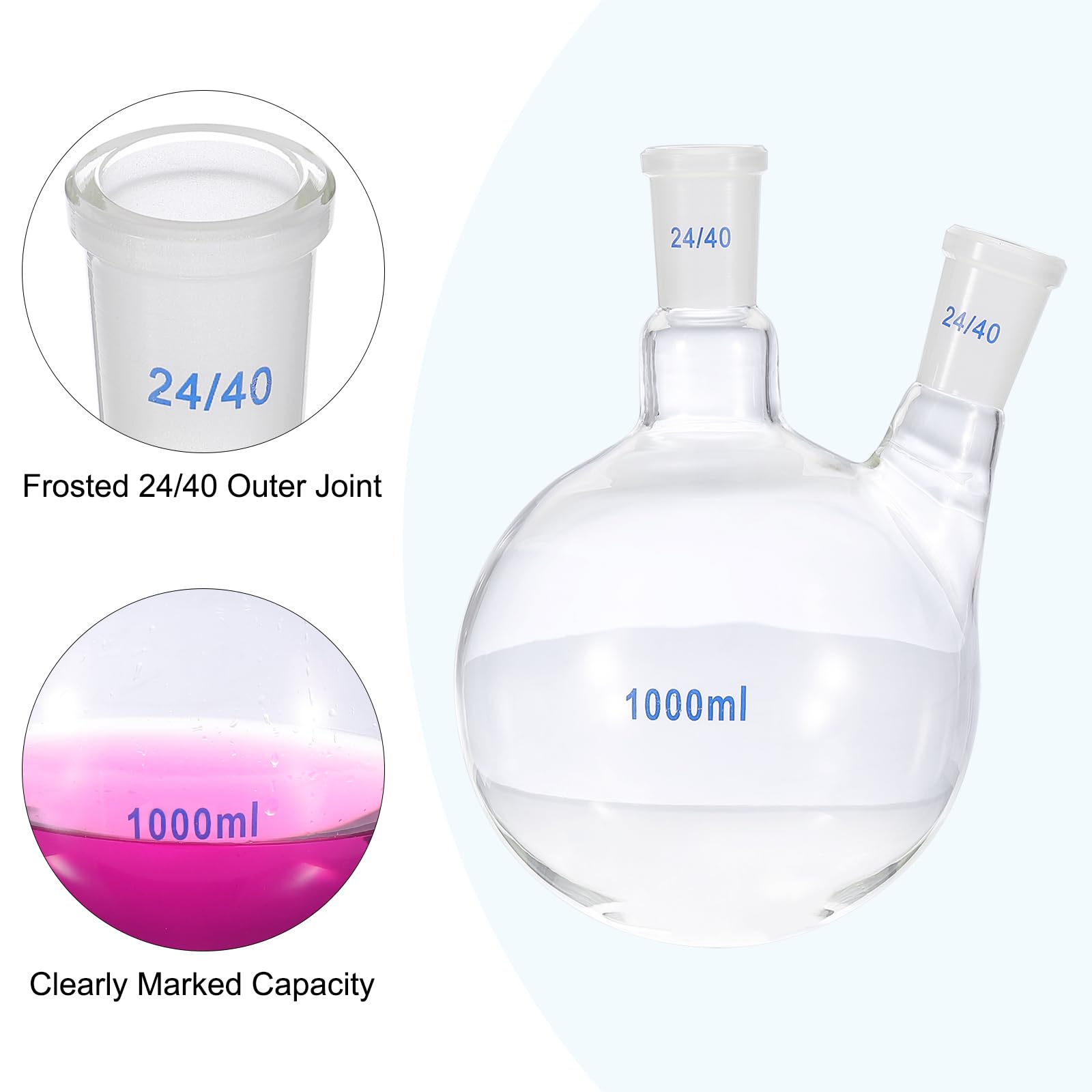 PATIKIL Pallone Da Laboratorio In Vetro Borosilicato 3.3 Da 1000ml A Doppia Collo Con Fondo Tondo Pareti Spesse E Attacco Standard 24/40 Esterno, Trasparente