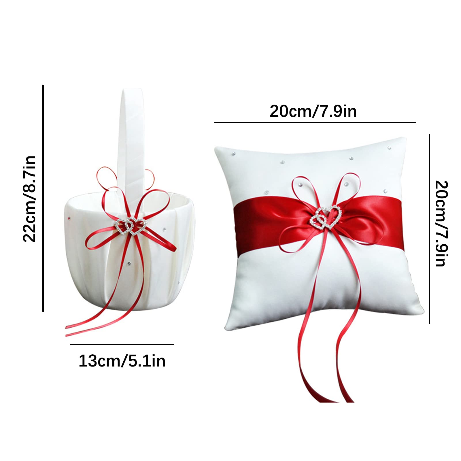 RNCOZE 2 Pack Wedding Ring Bearer Pillow and Flower Girl Basket Set, Simple Bow Pearl Collection, White Satin Wedding Set with Double Heart Rhinestone Decor (Red)