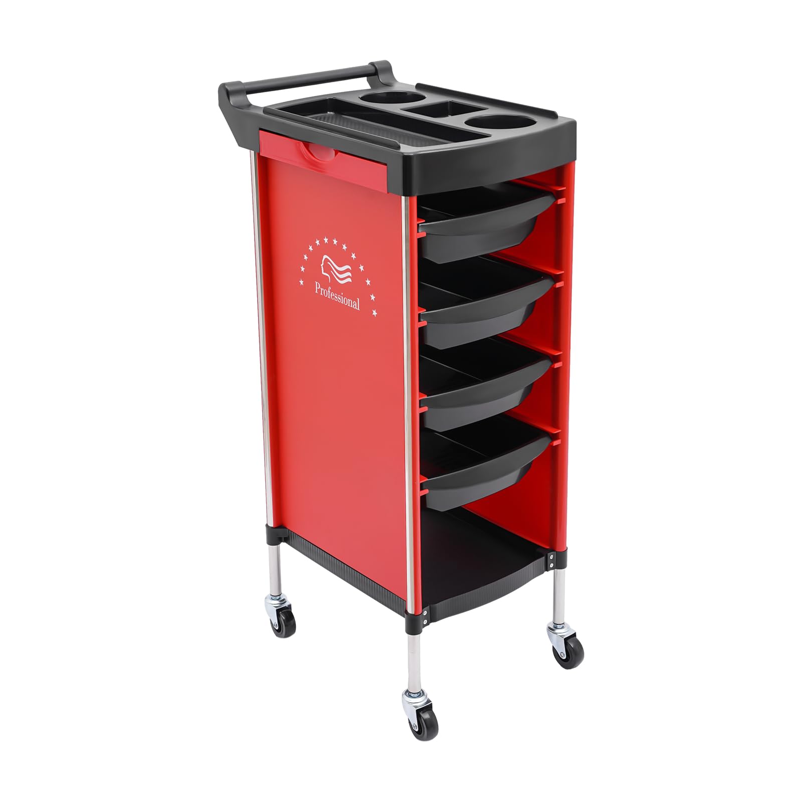 Carro de peluquería con 4 cajones, carrito de operación con ruedas, carrito de peluquería, accesorios de peluquería, carrito de trabajo profesional para salón de belleza, 36 x 37 x 85 cm (rojo)