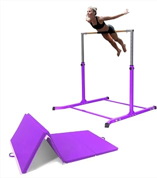 Expandable Gymnastics Training Kip Bar Height Adjustable 3 to 5 FT Horizontal Bar with HD Curved Legs Junior Gymnastic Cushioned Bar Asymmetric Bar with Purple 6 FT x 4 FT Tri Fold Tumble Mat Purple