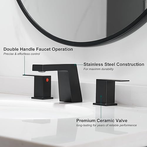 Miniatura 6 de Hoimpro Grifo de lavabo de baño negro mate de 8 pulgadas, grifo de baño de dos manijas con mangueras de suministro cUPC, grifo de lavabo de 3