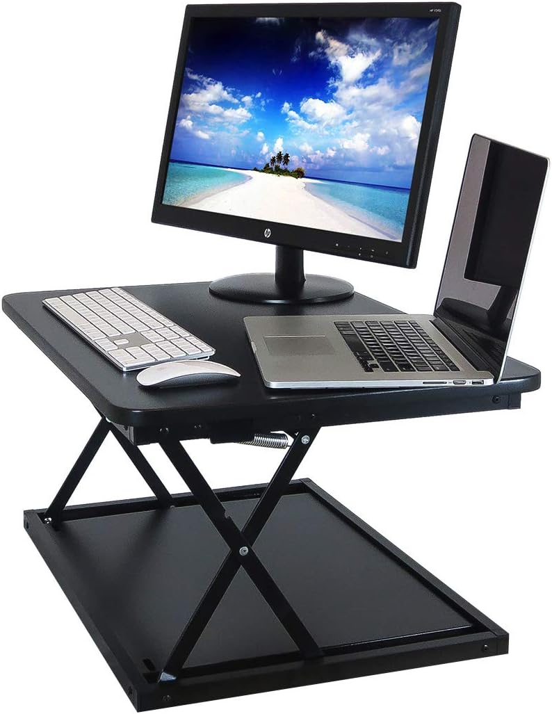 Small Standing Desk Sit to Stand Desk Riser Converter | 28 Inch Fully Assembled Desktop Converter | Standing desks for Sitting and Standing (Black)