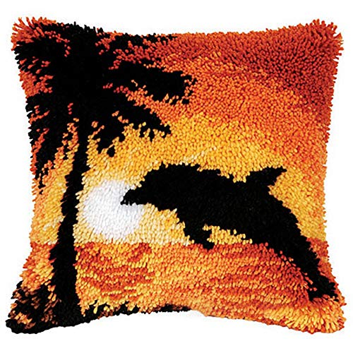 ZFFLYH Latch Hook Kit Pillow, Sunset Dolphin DIY Throw Pillow Cover Sofa Cushion Cover Rug Shaggy Decorations for Kids Adults Beginners 17 X 17