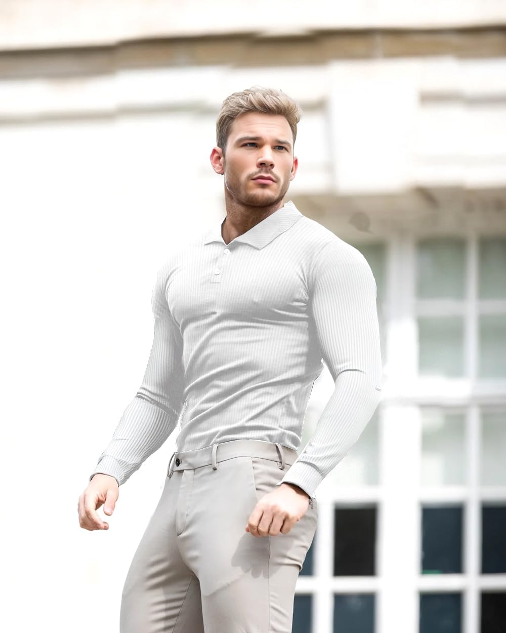 Lehmanlin Men's Muscle Polo Shirts Long&Short Sleeve Casual T- Shirts Slim Fit Stretch Ribbed Golf Tops - Image 2