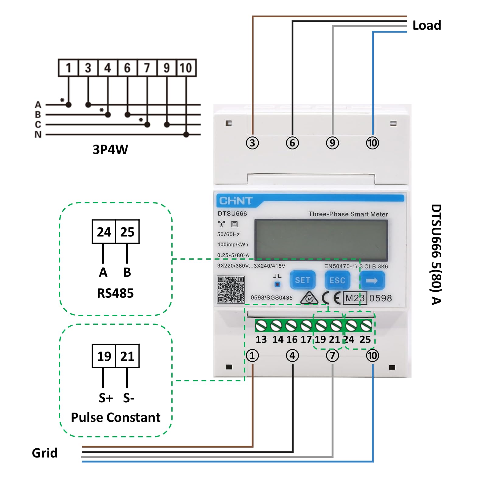 CHINT DTSU666 Dreiphasiger DIN35mm elektronischer intelligenter Energiezähler Stromzähler 5(80) A Direktverbindung mit RS485/Modbus RTU (Nicht mit Wechselrichter kompatibel)