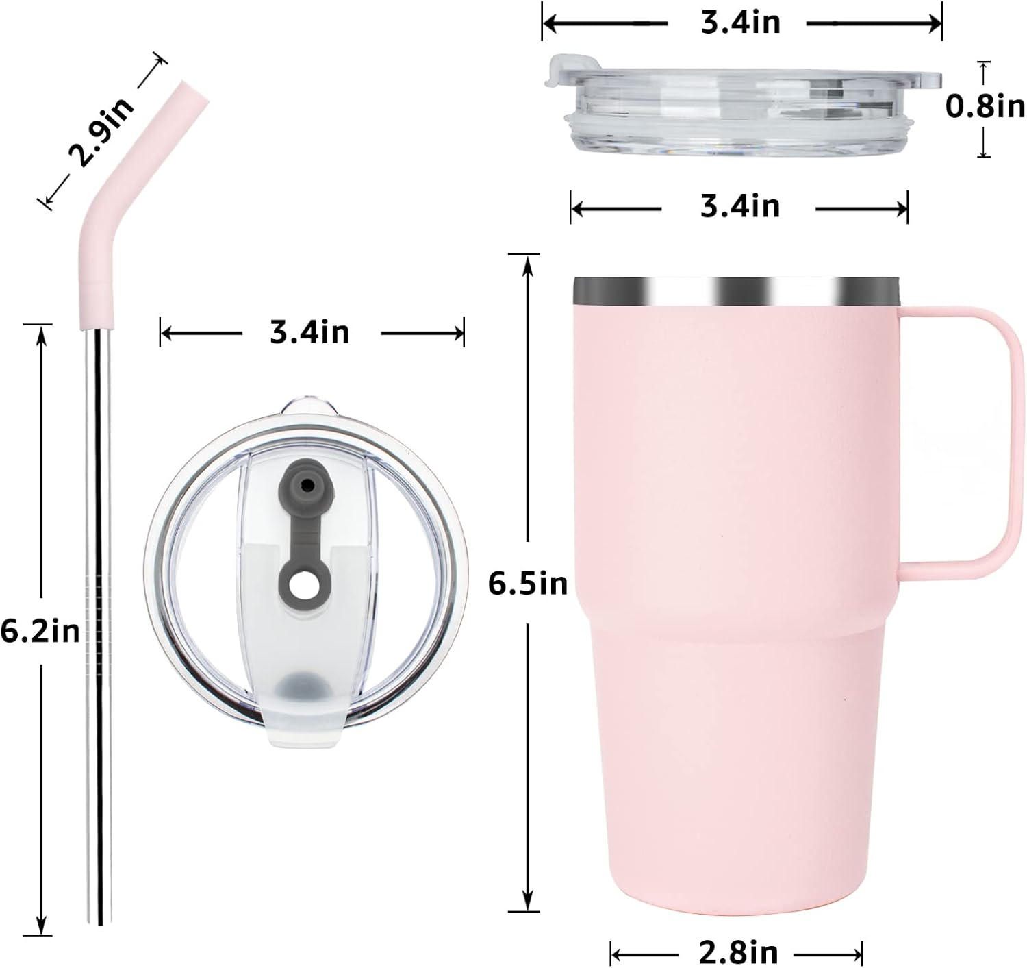 Sursip Insulated Coffee Mug with Handle and Lid, 24 oz Double Wall Vacuum Travel Thermal Coffee Tumbler with Straw for Home, Office Stainless Steel Coffee Cup - Leak proof, BPA Free (Pink-1 Pack) - Image 2