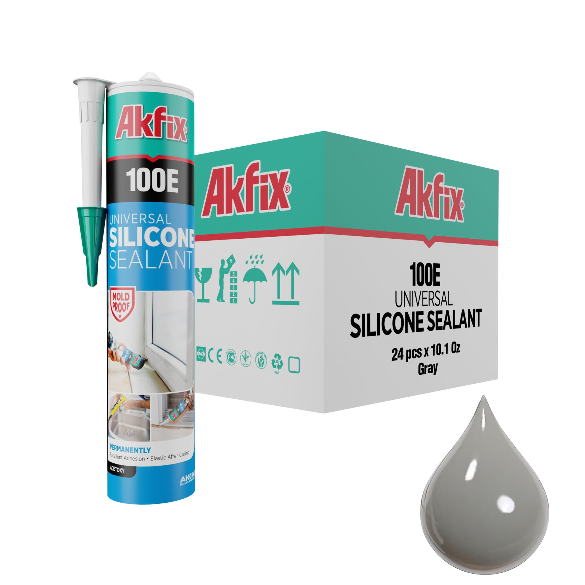 Akfix 100E RTV Grey Silicone Caulk (24x10.1 fl.oz.) - 100% Waterproof Silicone Sealant for Kitchen and Bathroom, Shower, Toilet, Sink, Window and Door, No Yellowing | Grey, 24 Pack