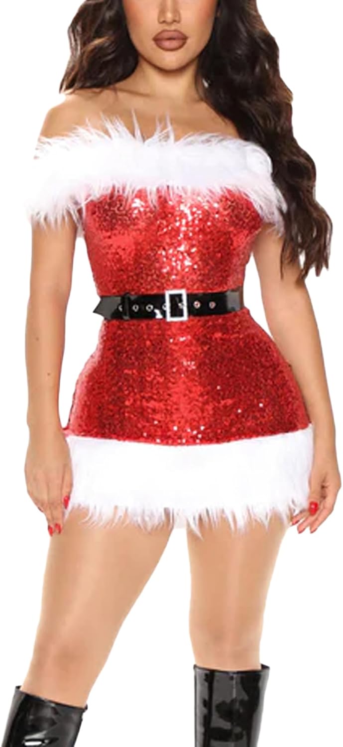 Women Christmas Plush Trim Wrapped Dress Mrs Claus Costume Strapless Sparkly Sequin Santa Dress with Belt