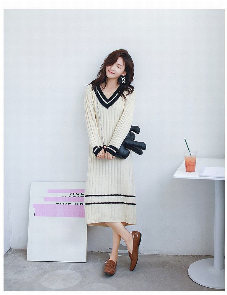 LQZ Set Di Maglioni da Donna Di Autunno e Inverno Del Collare V Nella Lunga Sezione Di Abito a Maniche Lunghe,Beige,Tutto il codice