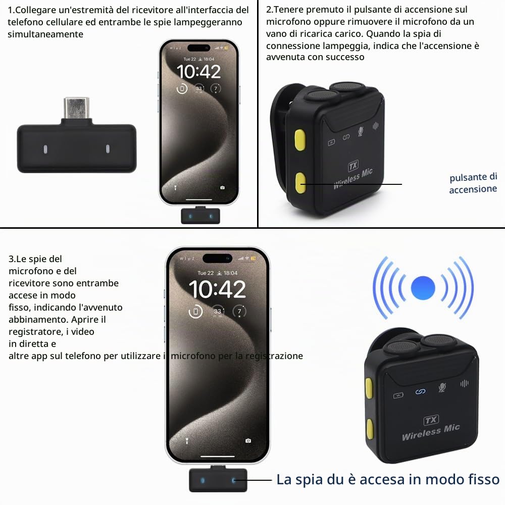 Microfoni Wireless Lavalier(2TX+1RX) Mini Microfono Plug-and-Play,Registrazione a Doppio Canale,Microfono Portatile Con Riduzione Intelligente del Rumore Per Smartphone, Registrazione Video