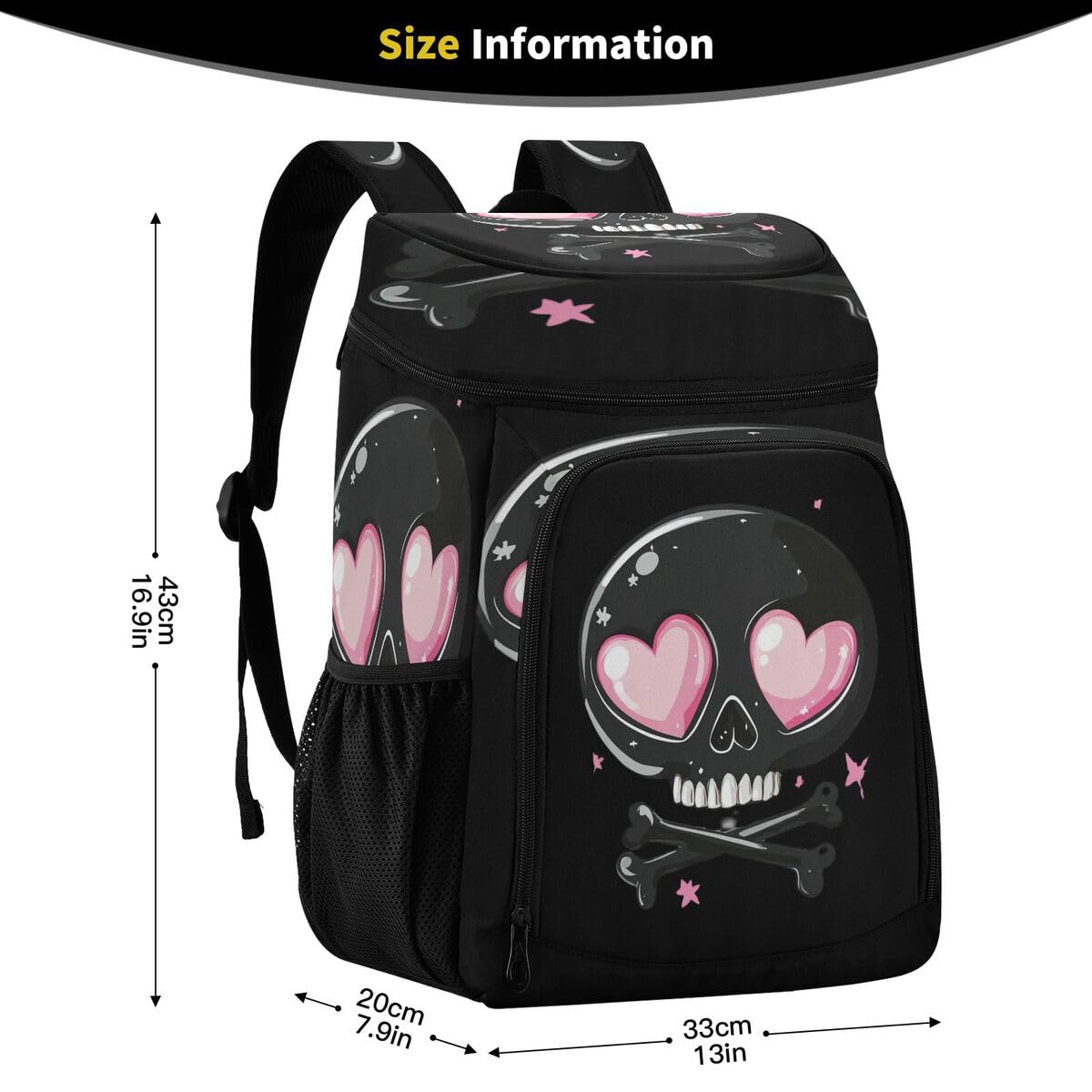 Skull Heart Black Cooler Backpack Leakproof Insulated Lunch Cooler Bag 30 Cans Camping Backpacks for Picnic Beach Road Trip