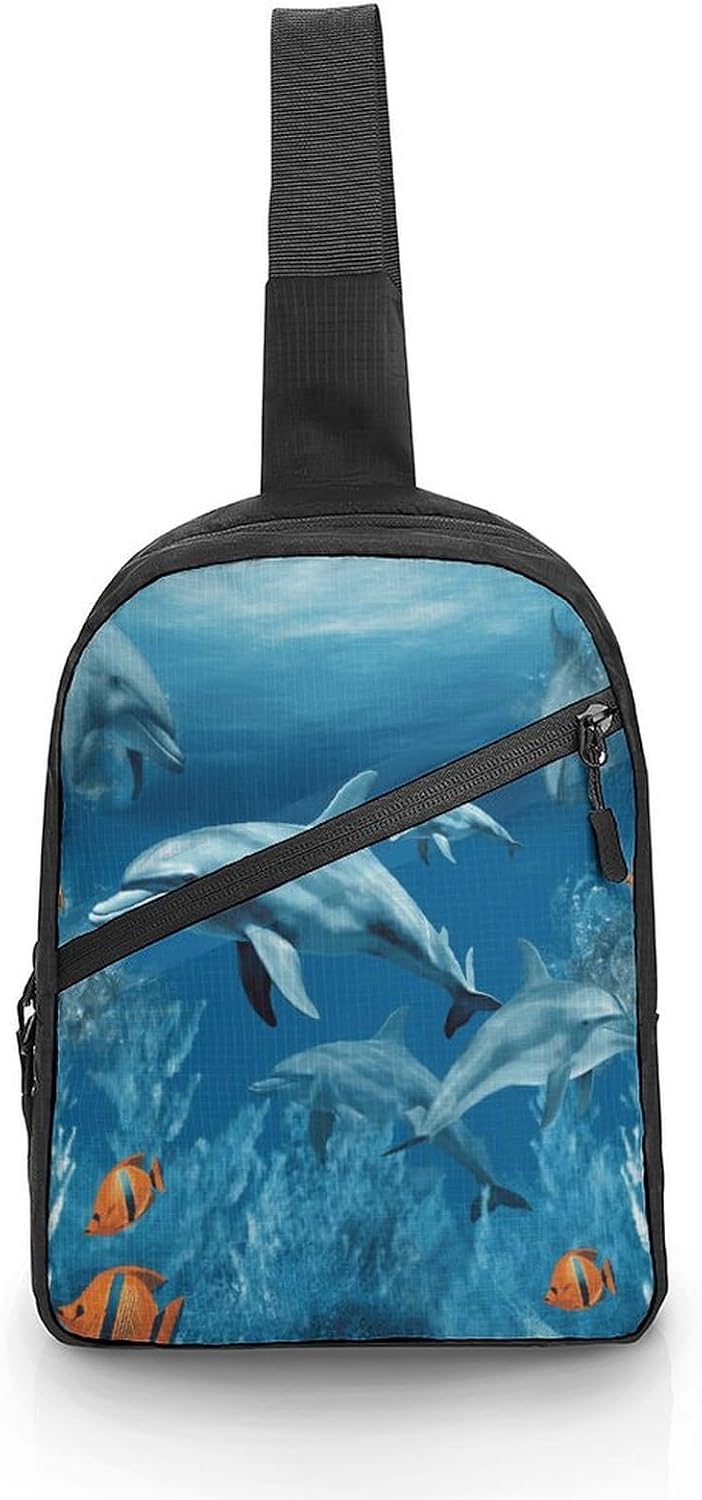 Dolphins Blue Sling Bag Crossbody Chest Bag Fanny Pack | Foldable Oxford Cloth Crossbody Bag with Internal Storage Bag Adjustable Sling Backpack Compact Lightweight for Travel Hiking
