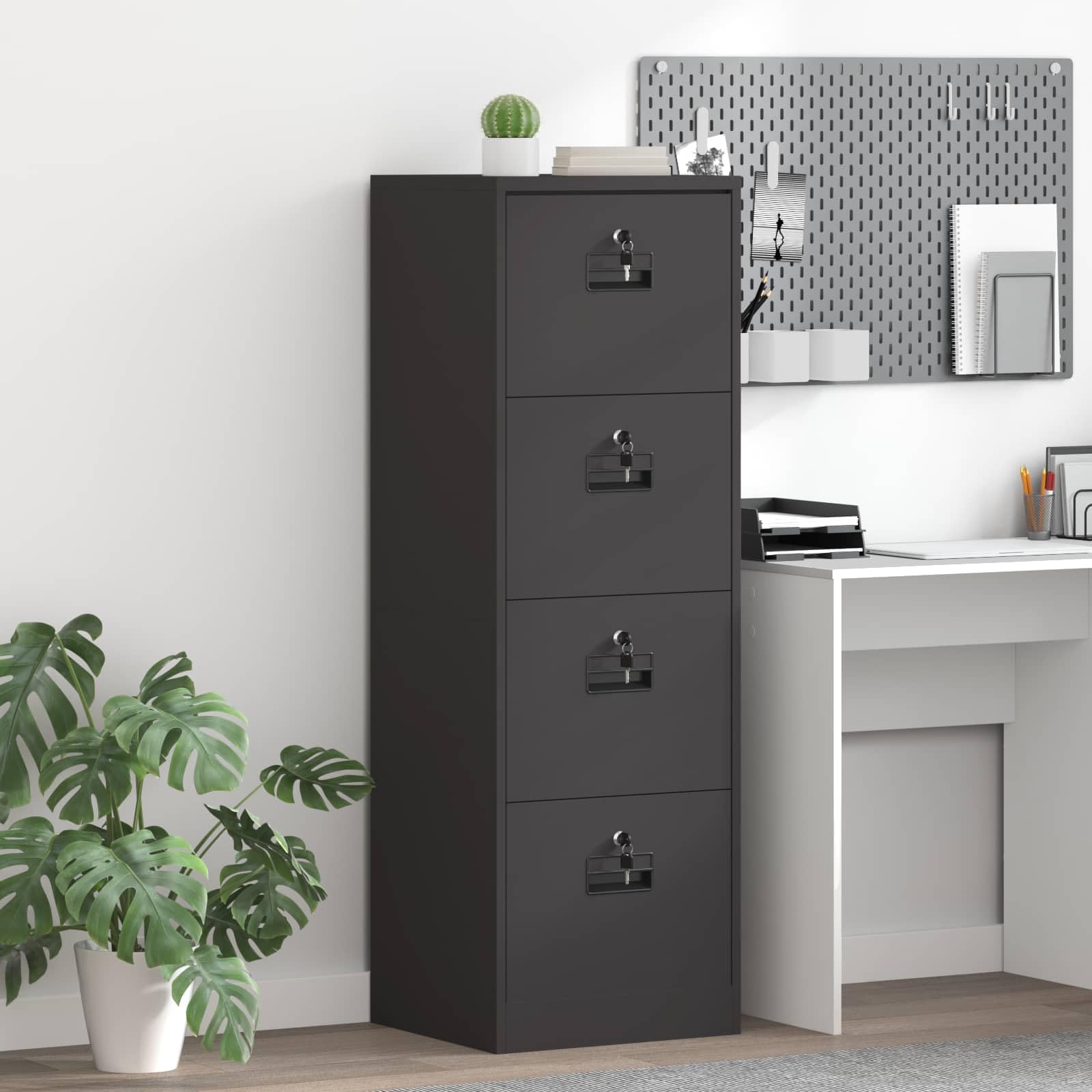 Czarna szafka na dokumenty ze stali walcowanej na zimno 45,5 x 42 x 139 cm z 4 szufladami i zamkami cylindrycznymi, wytrzymała szafka biurowa zapewnia bezpieczne przechowywanie i optymalne