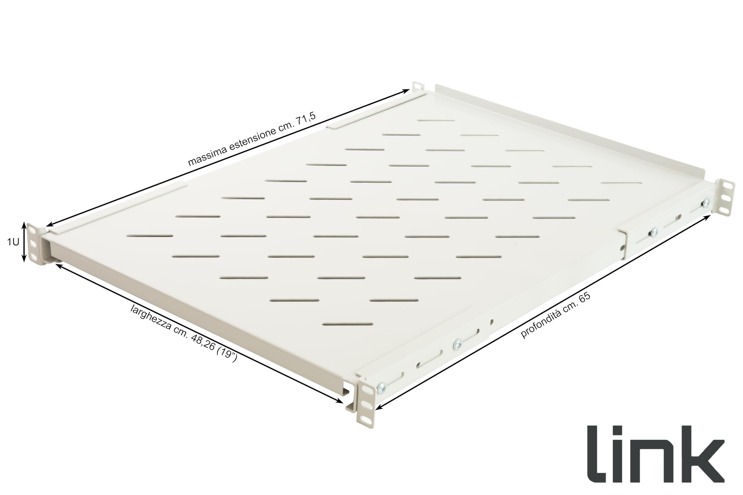 LINK LKRIP650A - Mensola in acciaio per armadio rack 19" (profondità 650 mm, grigio RAL7035, 1U, 1 pezzo) – Agganci anteriori e posteriori estendibili – Ripiano traforato con viti incluse