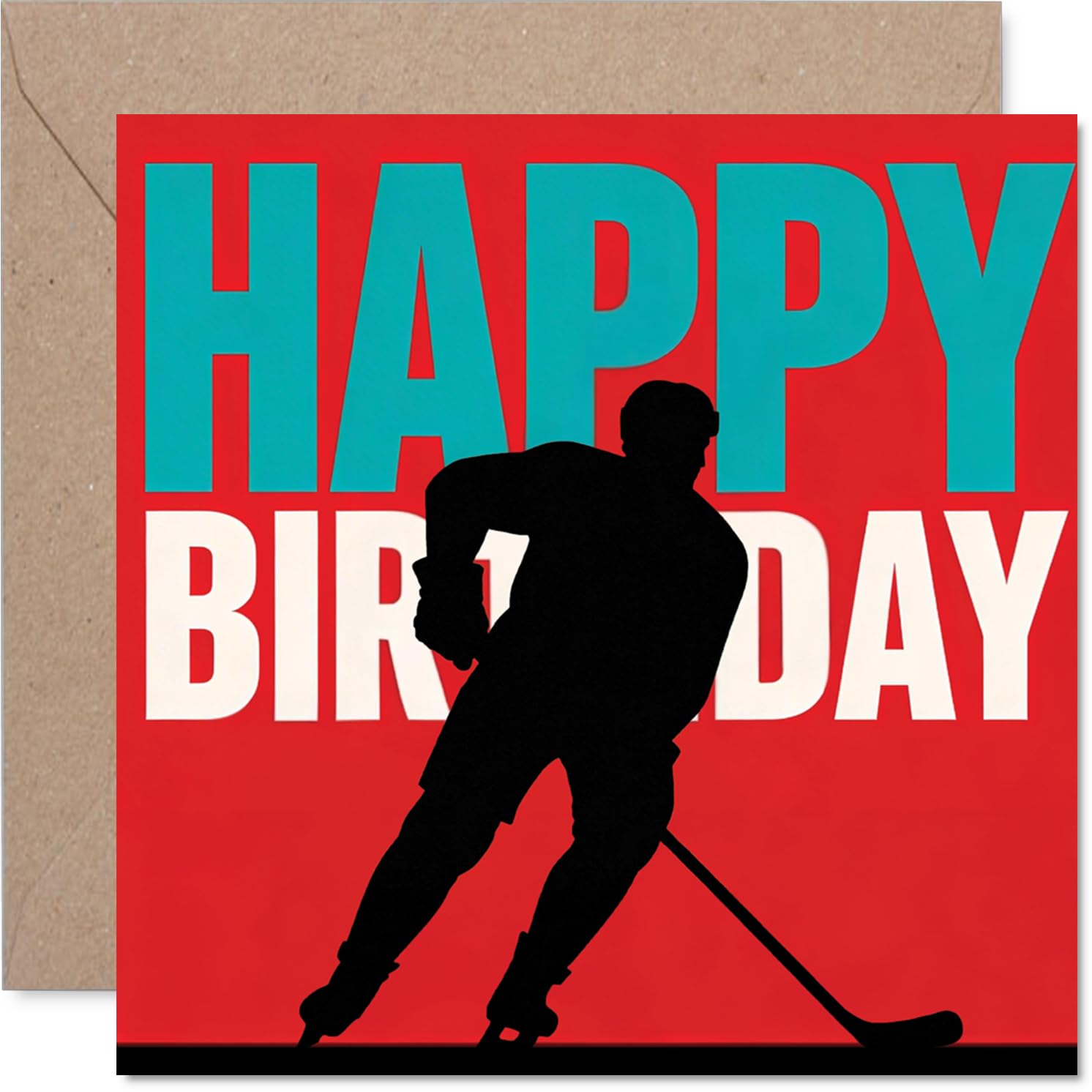 Playful Birthday Card - Bring on the Birthday Energy - Bold Hockey Player Silhouette with Sporty Pops of Red and Blue - 145mm Square, Envelope Included