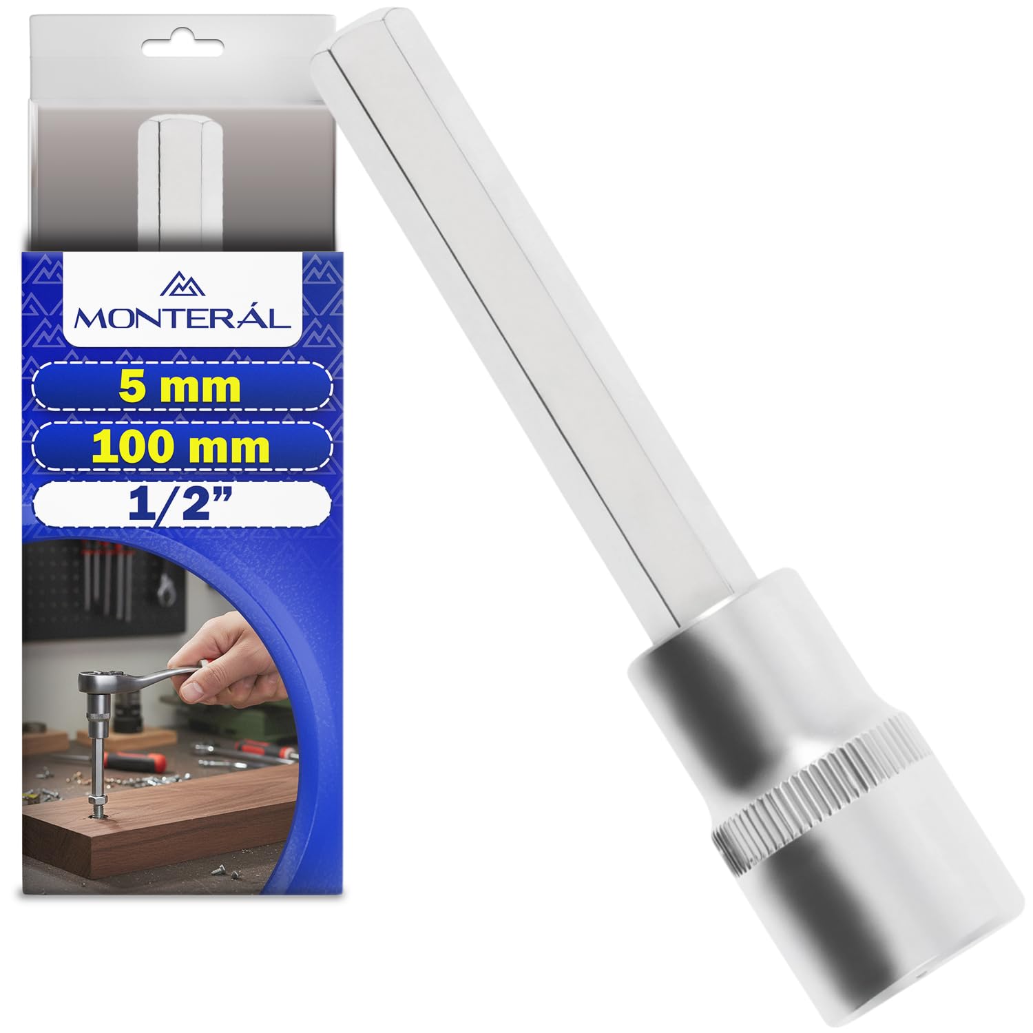 Llave de Vaso con Punta Allen 5 mm x 100 mm para Zonas de Difícil Acceso - Llave Vaso con Cuadrado de 1/2" - Fabricada en Acero Cromo Vanadio - MONTERAL
