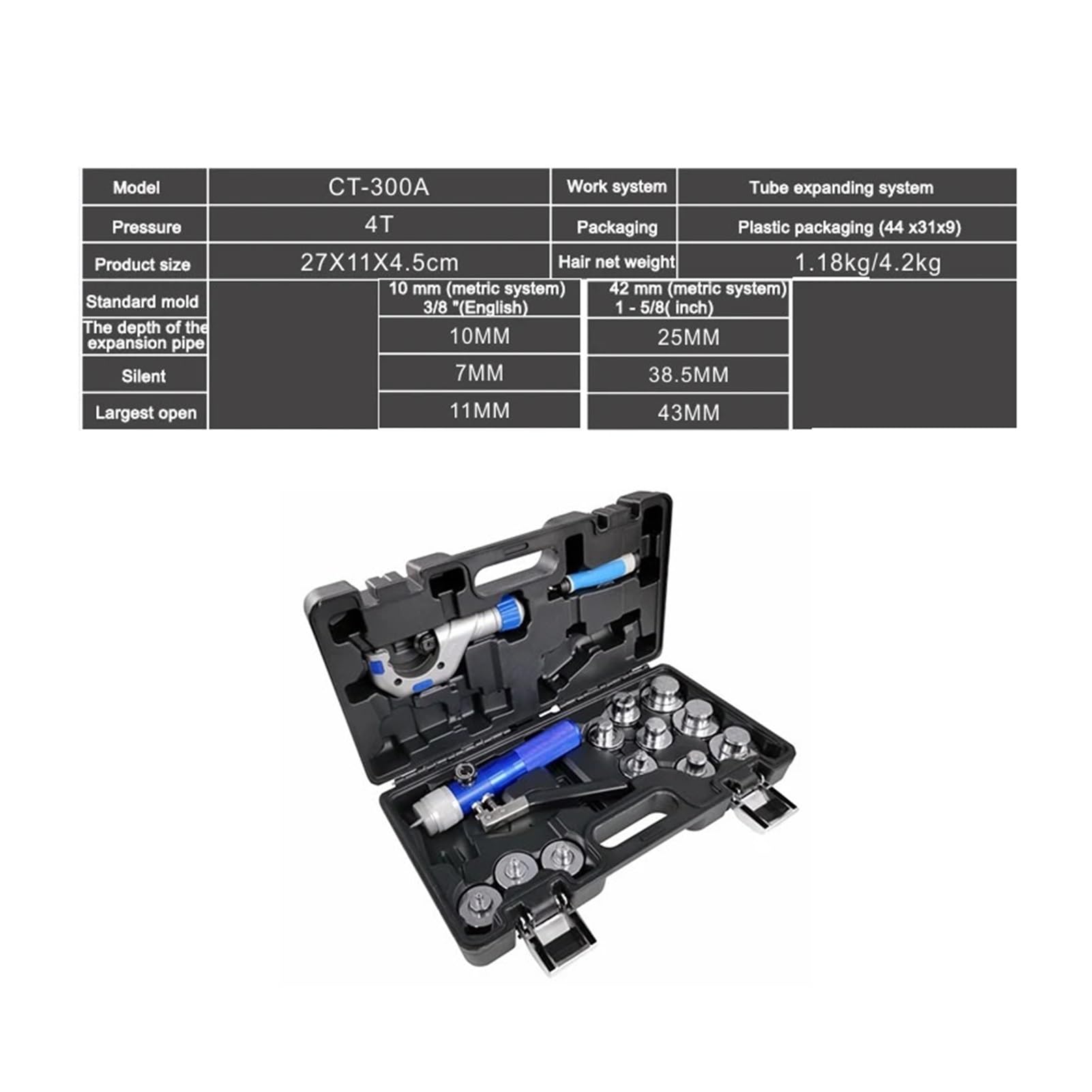 Rozpylacz do rur CT-300AL 3/8-1-5/8 hydrauliczny ekspander, uniwersalne zastosowanie, przenośny, jednoręczny, rura miedziana, rura aluminiowa, zawias