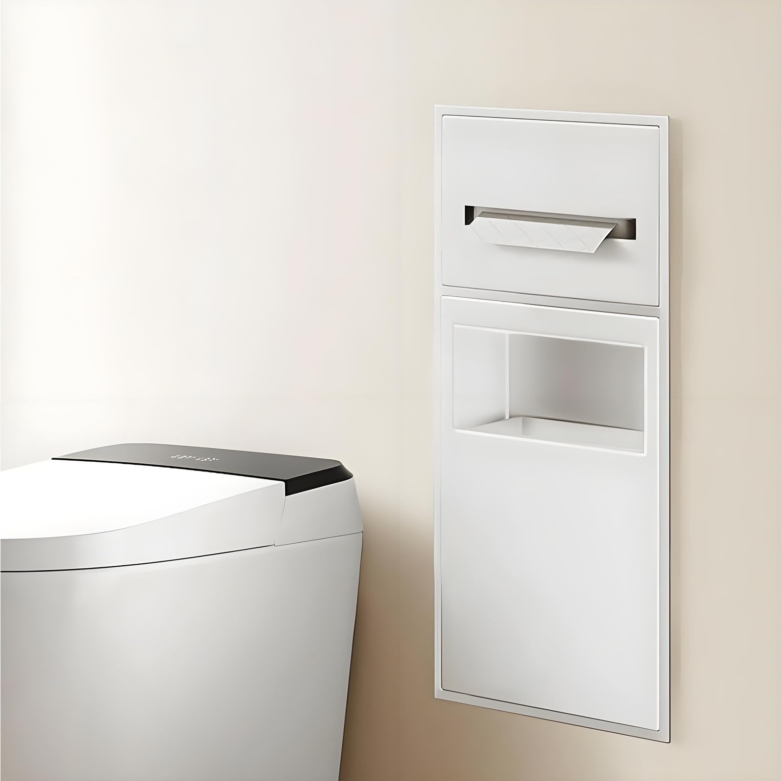 Recessed Toilet Paper Holder with Built-In Trash Can, Space-Saving Rack, Waterproof Organizer for Bathroom