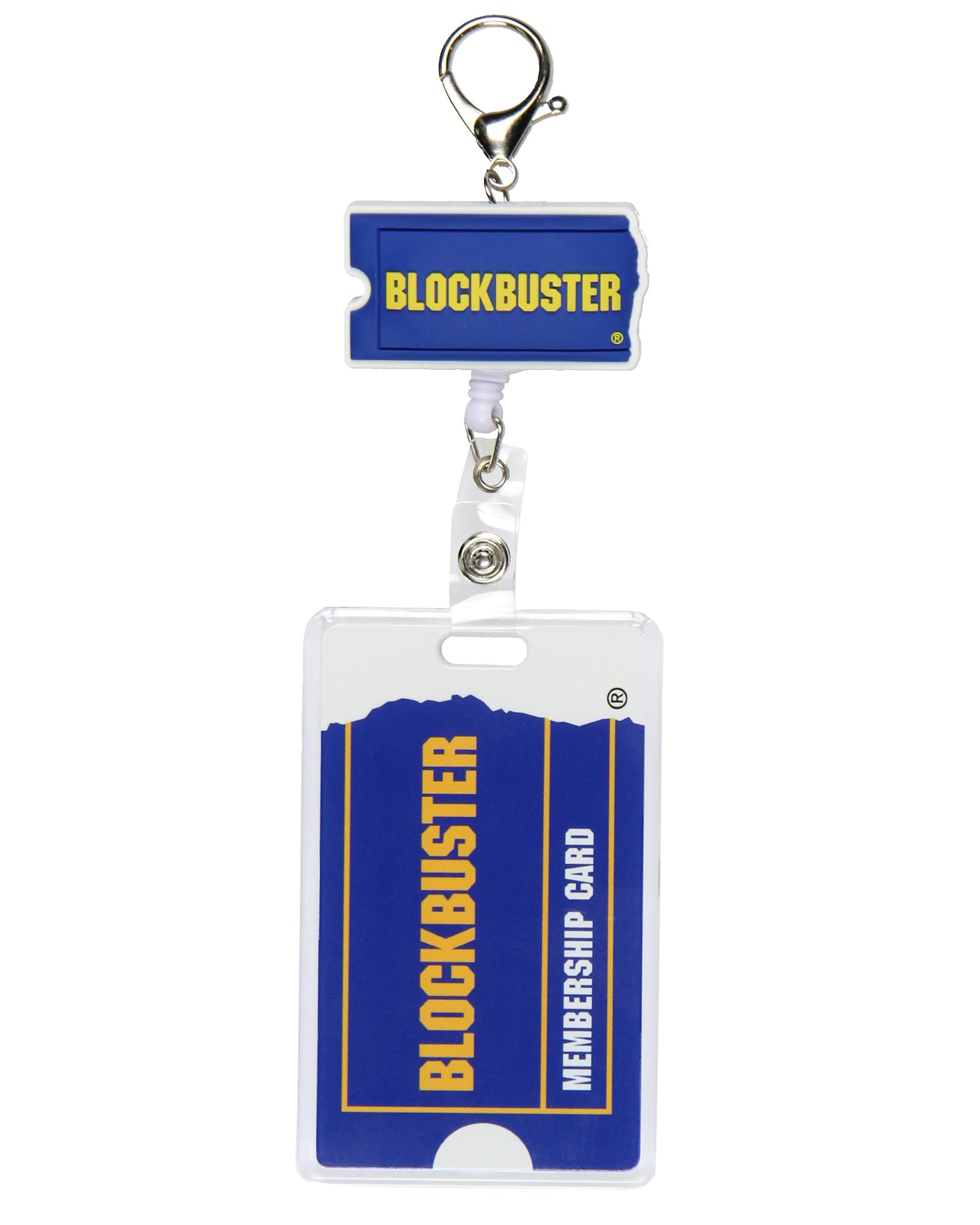 Blockbuster - Porta badge in gomma con cordino retrattile e chiusura a moschettone