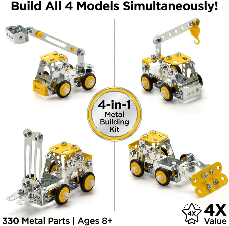 Erector Set for Boys Age 8-12,4 Mini Metal Model Set for Kids,Engineering Metal Building Kit,Learning Construction Truck Building Toys for Boys Age 8-12 DIY STEM Educational Gifts (330pcs)