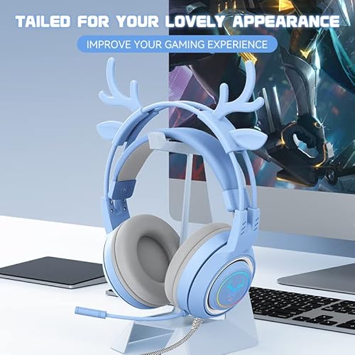 Atrasee Stereo Gaming Headset For Ps4 Pc Xbox One Ps5 Controller, Noise Cancelling Over Ear Headphones With Mic, Led Light, Bass Surround, Soft Memory Earmuffs For Laptop Mac Nintendo (Blue Antlers) #TOP1