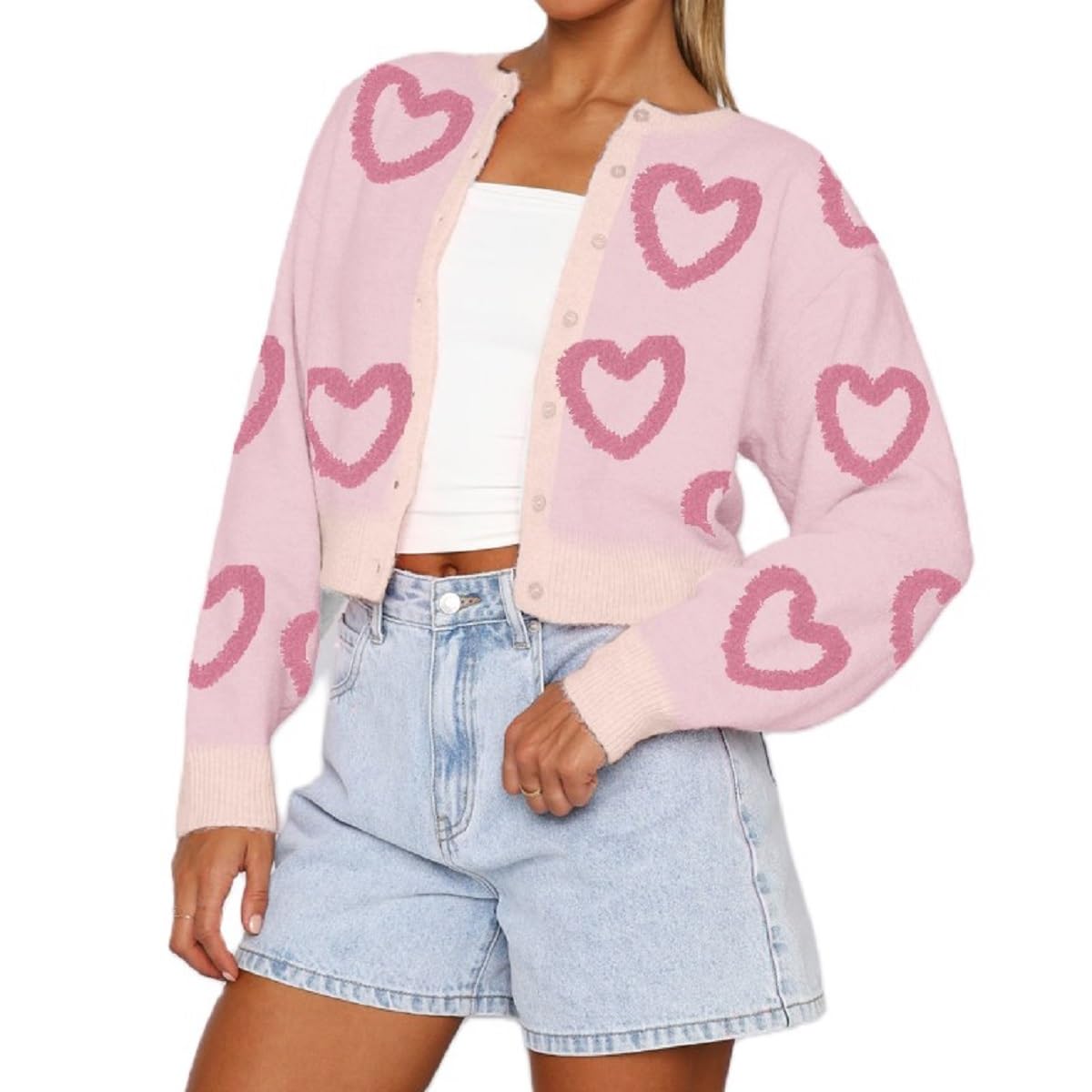 kmbangi Women Valentine's Day Cardigan Sweater Love Heart Print Button Down Knit Sweater Cute Knitwear Top-picture-20
