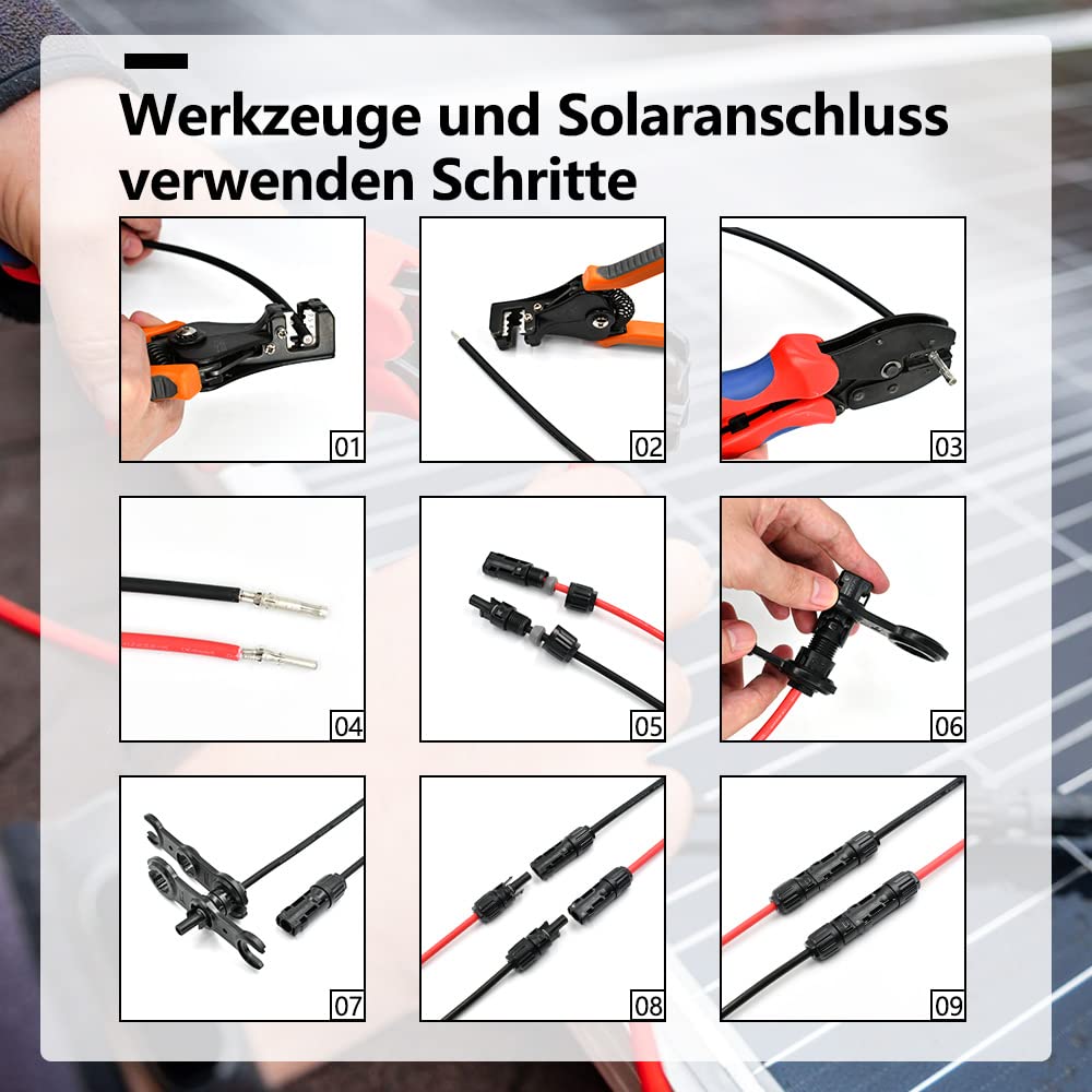 Sayhome szczypce zaciskowe do wtyczki solarnej, narzędzie do zaciskania do paneli słonecznych 2,5 ~ 6,0 mm², kabel PV, 2 pary wtyczek solarnych + 1 x szczypce zaciskowe + 1 x szczypce do ściągania