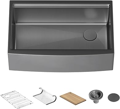 Lefton 33 x 22 Farmhouse Apron-Front Kitchen Sink, 304 Stainless Steel Sink with Grid, Drying Rack, Strainer for Kitchen, FS2501 (Grey, 33 x 22)