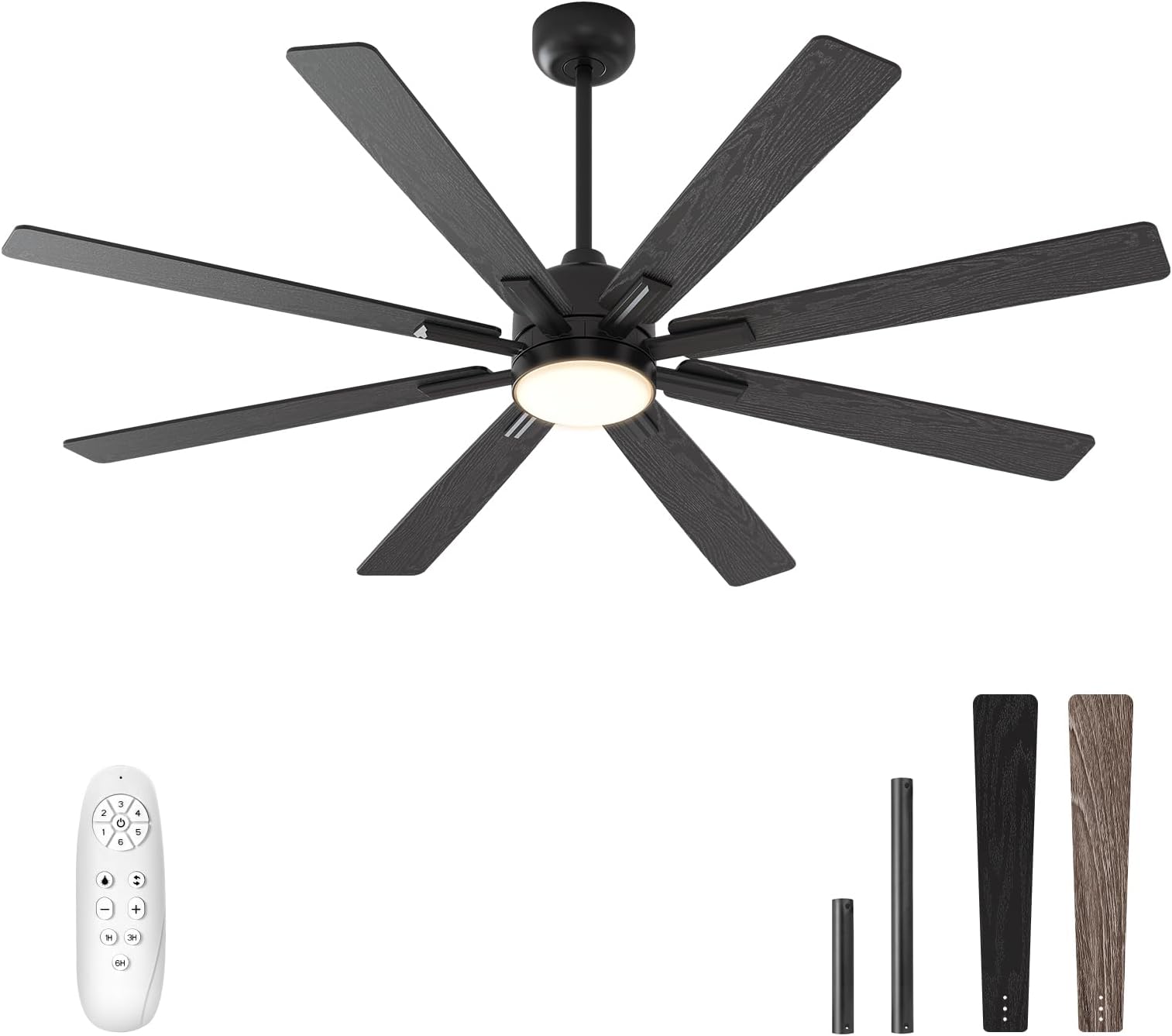 warmiplanet Ceiling Fans with Lights and Remote Control, 62-Inch, Reversible Silent DC Motor, 6 Speeds, 3 Color Dimmable LED Light, Timer, Black, 9-Blades